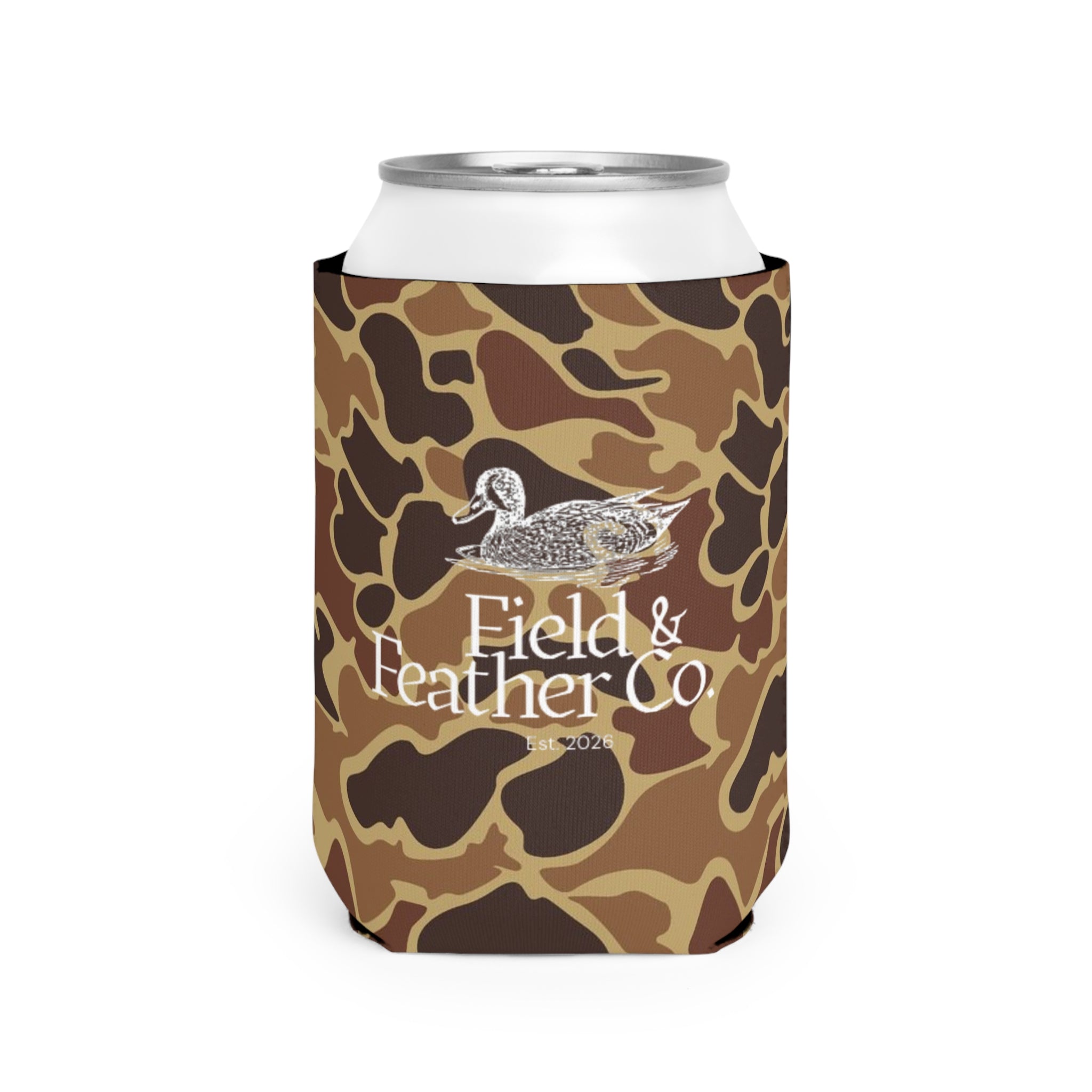 Camo Can Cooler Sleeve — 'Stay Sober Idiot' & Field & Feather Co. Designs