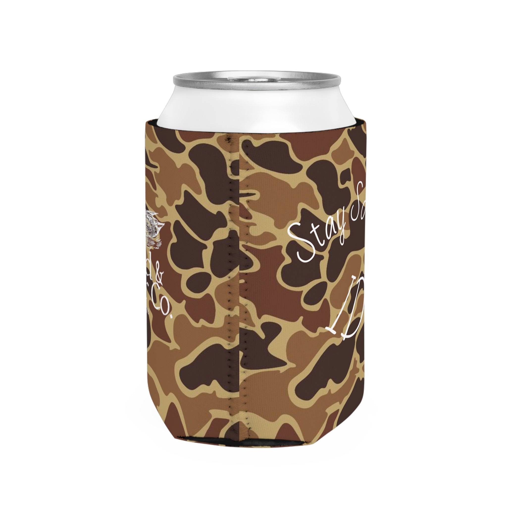 Camo Can Cooler Sleeve — 'Stay Sober Idiot' & Field & Feather Co. Designs